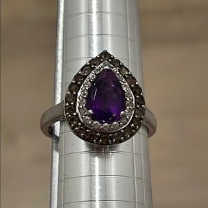 Purple, Black, and Clear Cubic Zirconia 925 Silver-Plated Ring